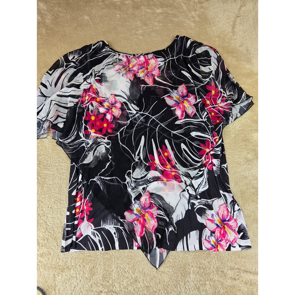 Avenue Womens Plus Size‎ 26/28 Tropical Floral Layered Sheer Blouse Black Pink